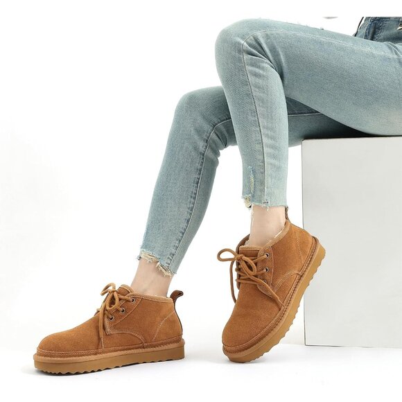 Women's Brown Genuine Suede Mini Fur Lined Ankle Boots Short Lace Up Snow Boots - Picture 7 of 8